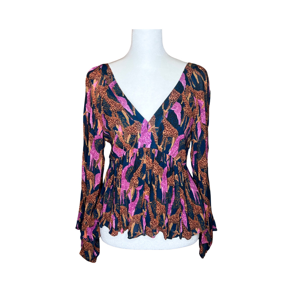 Farm Rio Jirafas Ruffled Top XS Giraffe Novelty Boho Whimsical Hippie Resort